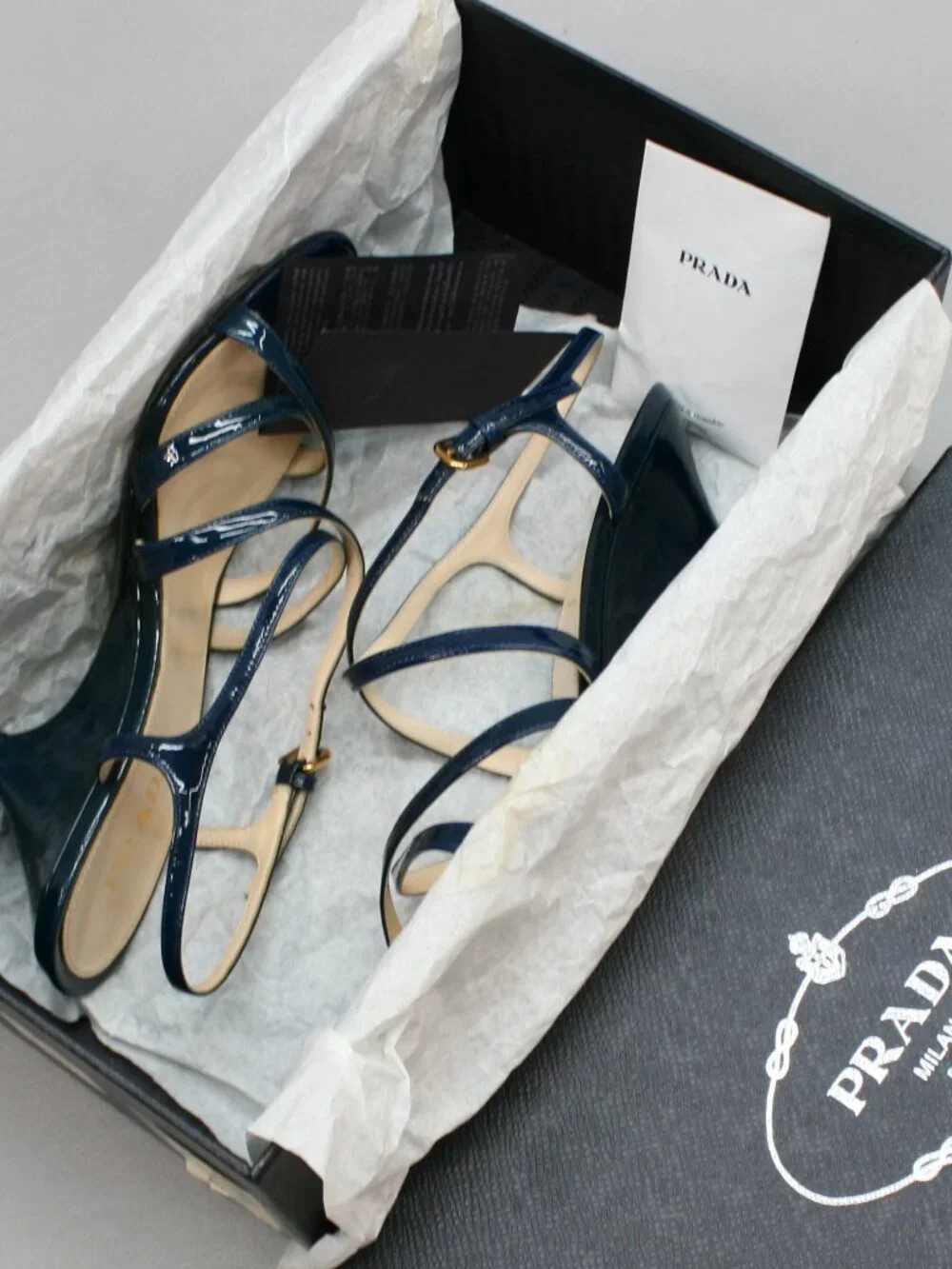 Prada 36 Ladies 6 Blue Patent Leather Slingback Heels Strappy Shoe Sandals Italy - Picture 2 of 12